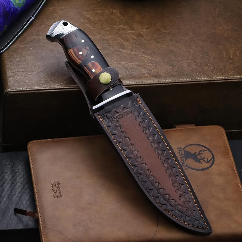 Coltello da caccia a lama fissa da 7,1 pollici fatto a mano, coltello tattico, fodero in pelle