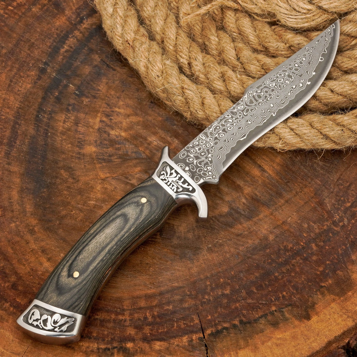 Coltello da caccia in acciaio di Damasco forgiato a mano | Coltello a codolo intero