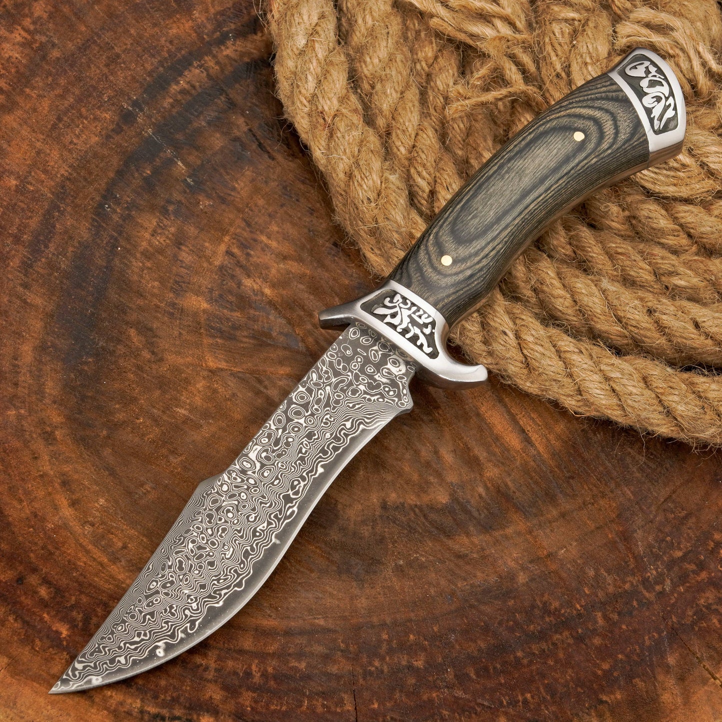 Coltello da caccia in acciaio di Damasco forgiato a mano | Coltello a codolo intero