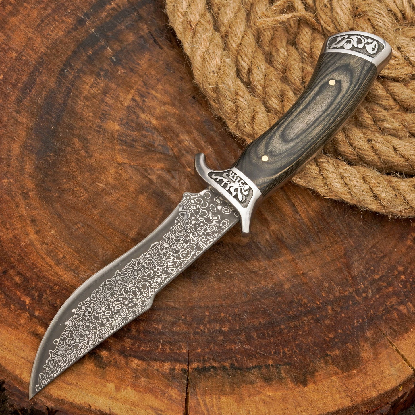 Coltello da caccia in acciaio di Damasco forgiato a mano | Coltello a codolo intero