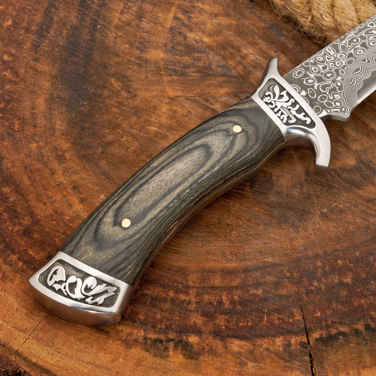 Coltello da caccia in acciaio di Damasco forgiato a mano | Coltello a codolo intero