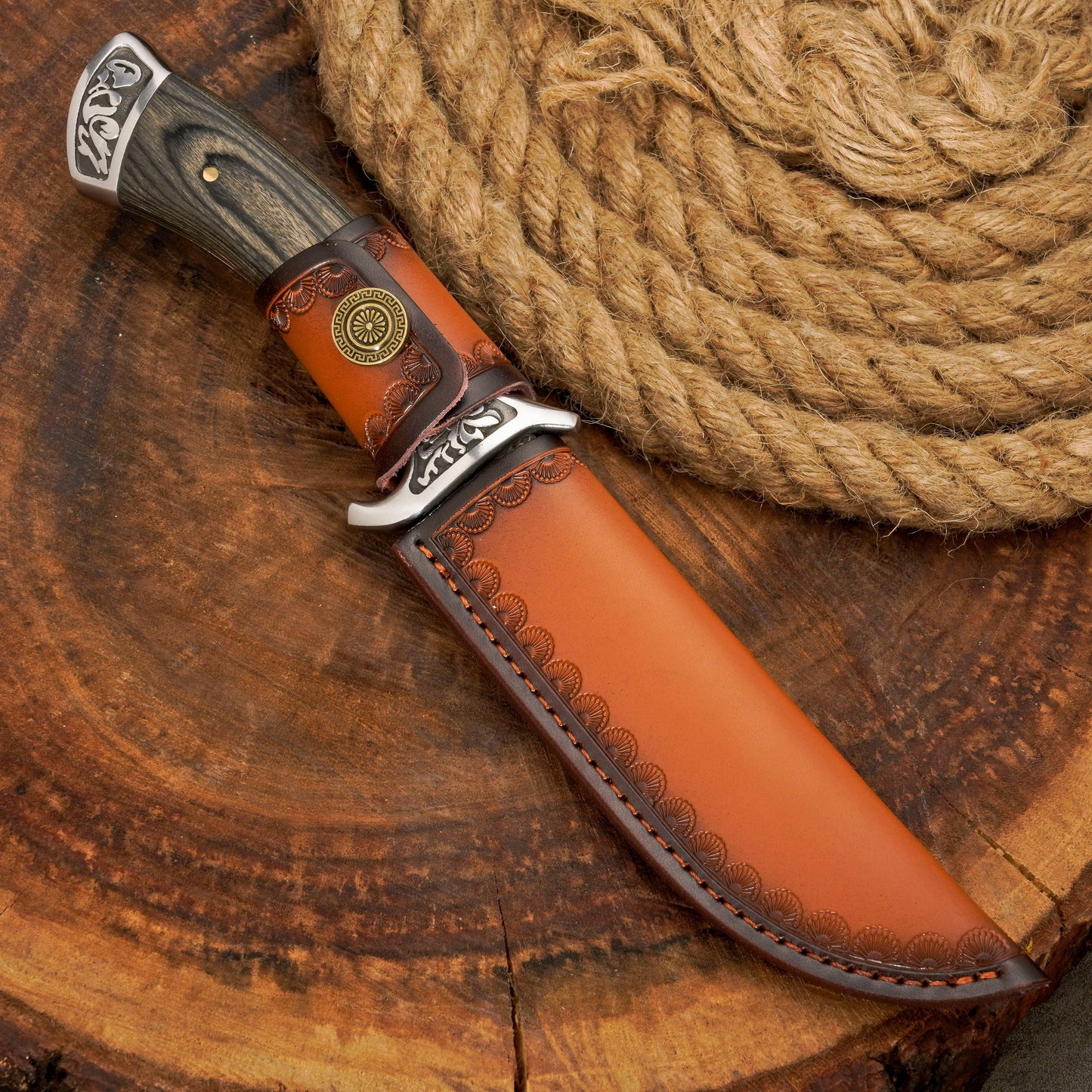 Coltello da caccia in acciaio di Damasco forgiato a mano | Coltello a codolo intero